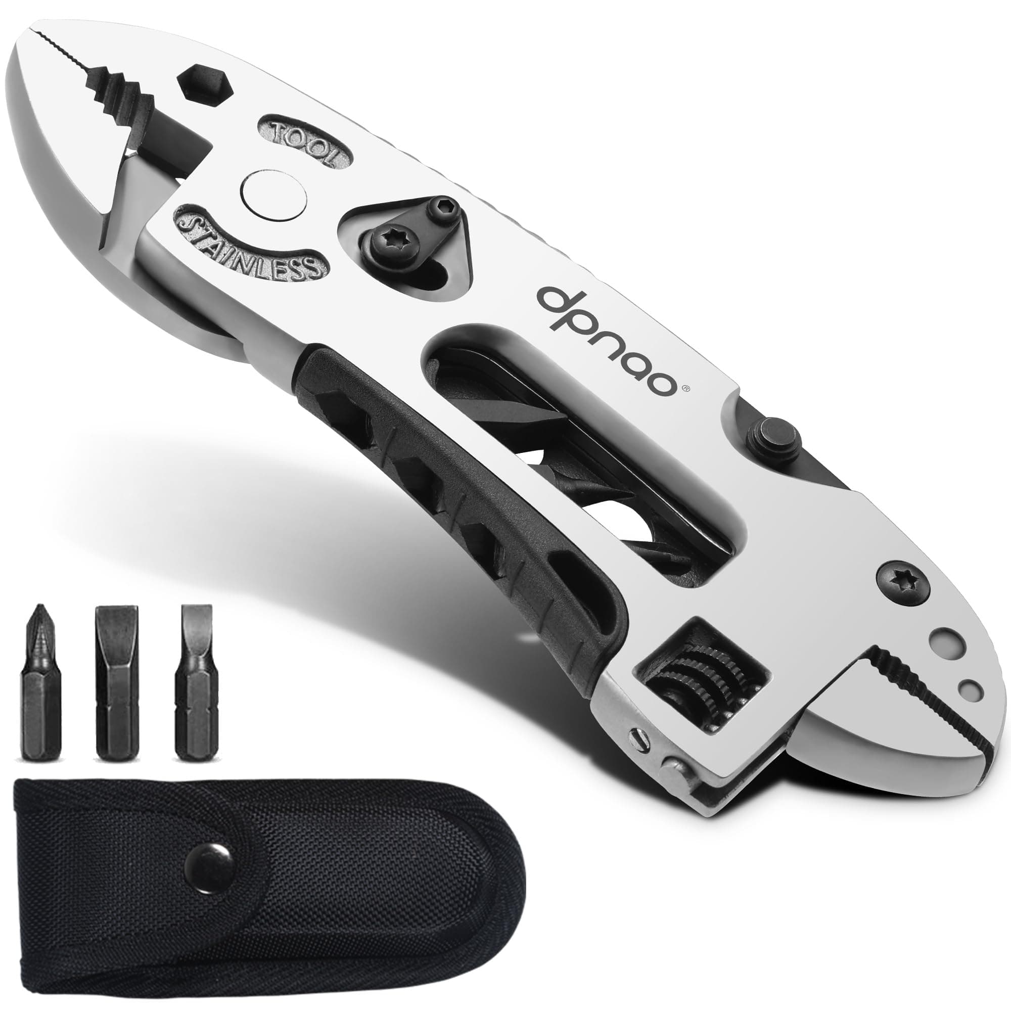 Multitool Wrench adjustable tool/5-in-1 stainless steel multifunctional pocket tool/cross wrench/screwdriver/pliers/portable folding knife with protective cover,outdoor camping,men's Christmas gift
