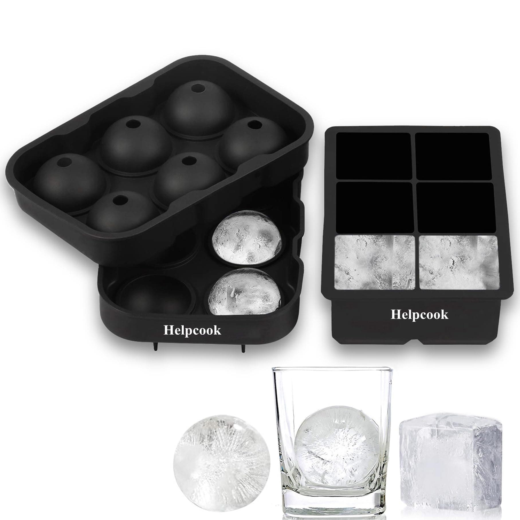 Ice Cube trays(set of 2), Silicone Sphere Ice Ball Maker with Lid and Large Square Ice Cube Molds for Whiskey Ice and Cocktails, Food Grade Silicone, Reusable and BPA-Free