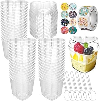 YancLife 50 Pcs Reusable Mini Dessert Cups, 5oz/150ml Plastic Dessert Pots with Lids, Stickers, Clear Small Cup Serving Dessert Bowl for Wedding, Birthday Parties Cheesecake Candy Desserts