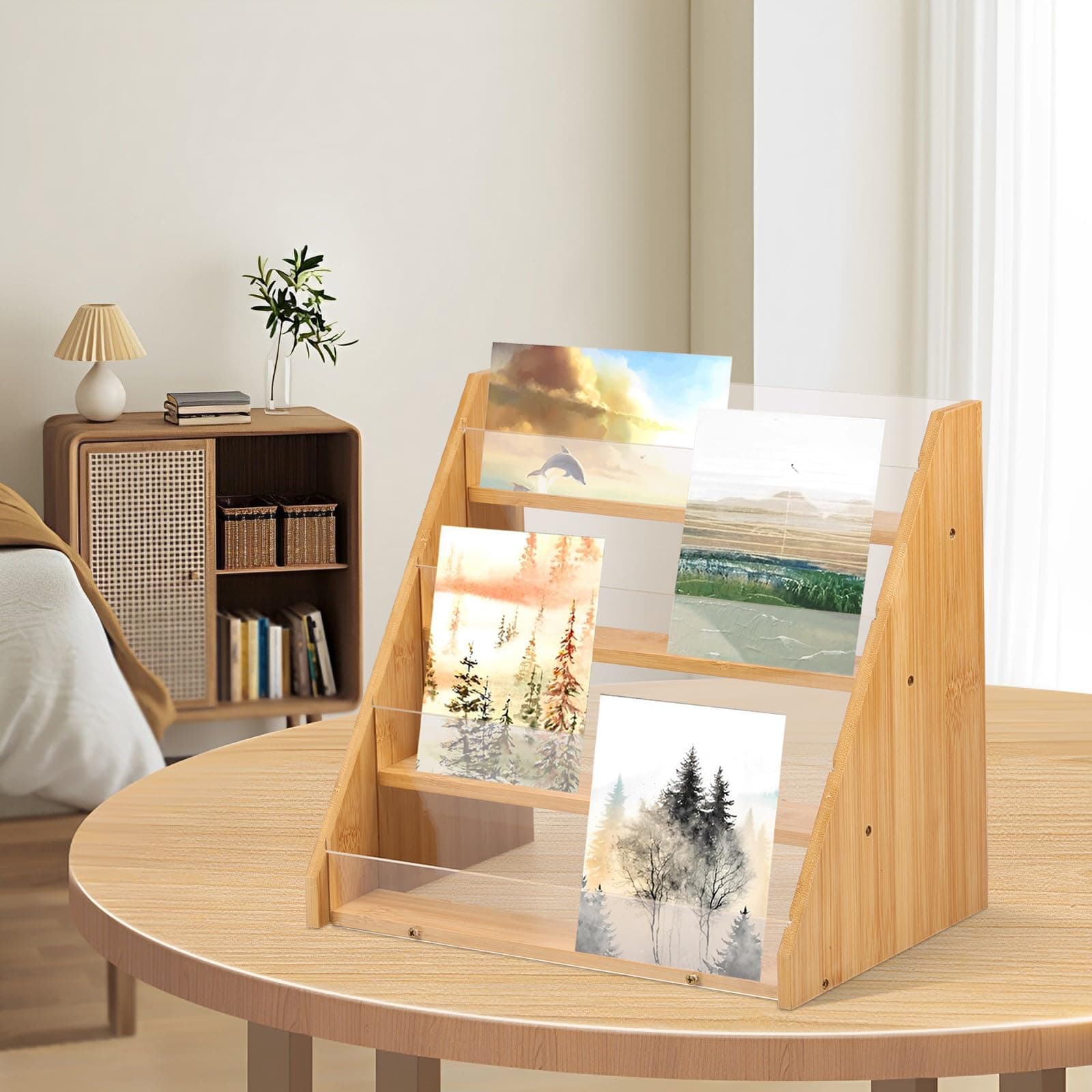 Card Display Stand 4 Tier Greeting Card Display Bamboo and Acrylic Card Stand Display Stand for Craft Fairs Multifunctional Card Display Rack for Postcard Brochure Photos