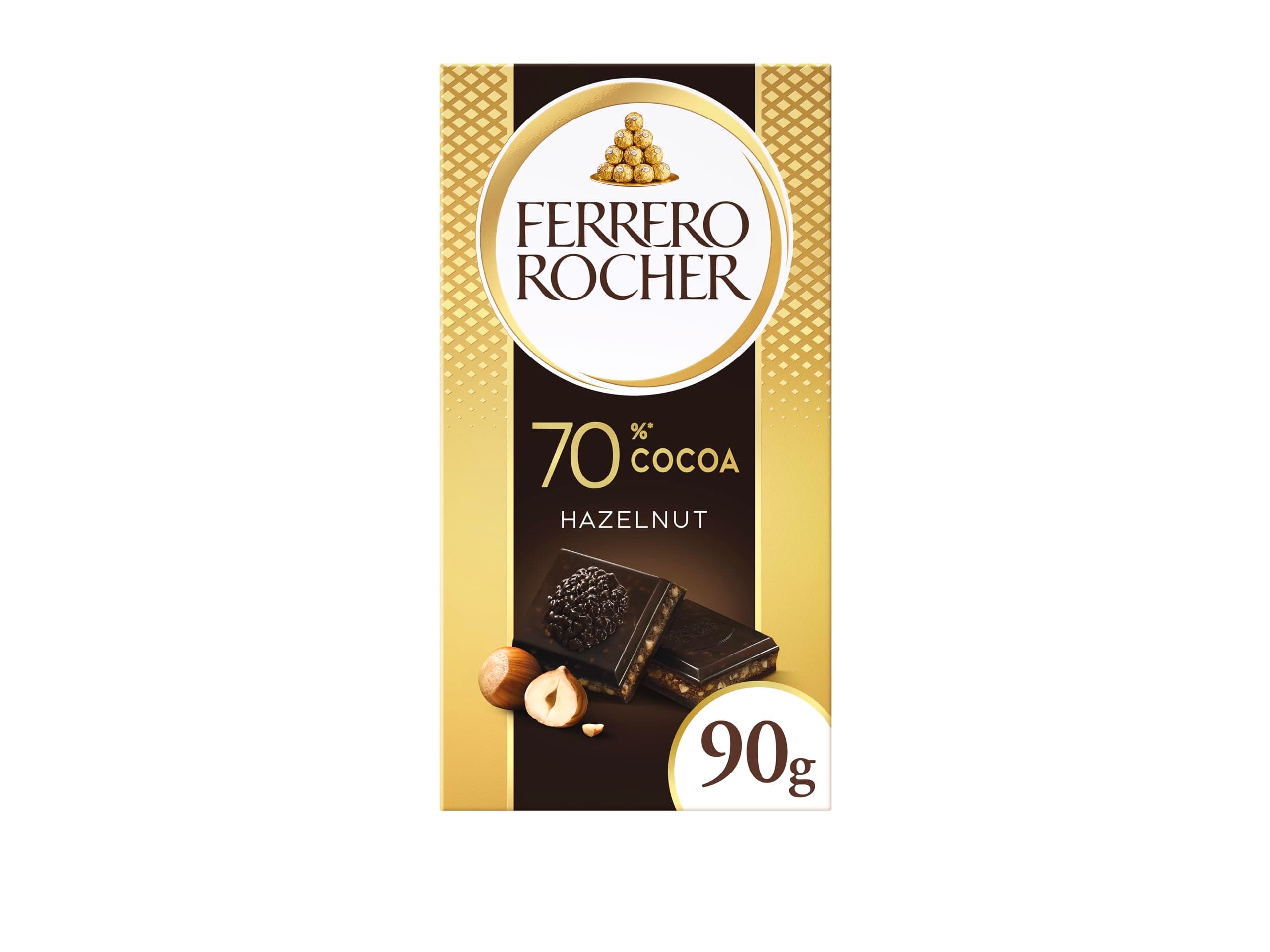 Ferrero Rocher 70%Dark Hazelnut Bar, Chocolate Bars, 70 % Dark Chocolate bar with Hazelnut and Cocoa Filling, (90g)