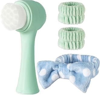 Facial Cleansing Brush 2 in 1, Silicone Face Scrubber Dual Face Brush for Deep Pore Cleansing and Exfoliating, Skincare Headband and Wristbands Set for Washing Face, Massaging Spa Makeup, Cyan