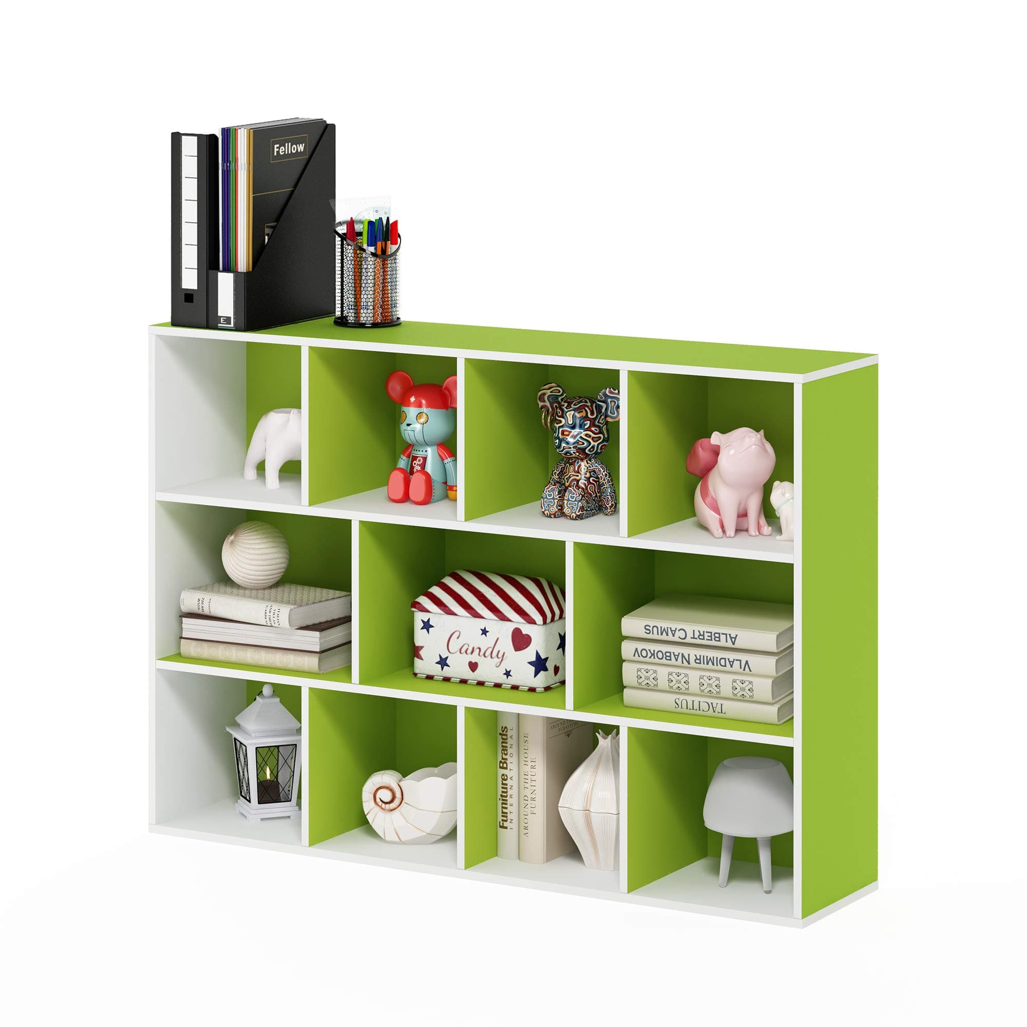 Furinno LUDER Book Shelf, 11-Cube Bookshelf, Reversible Bookcase, 9.4 x 29.1 x 41.7, Easy Assembly, for Living Room, Bedroom, Home Office, White/Green