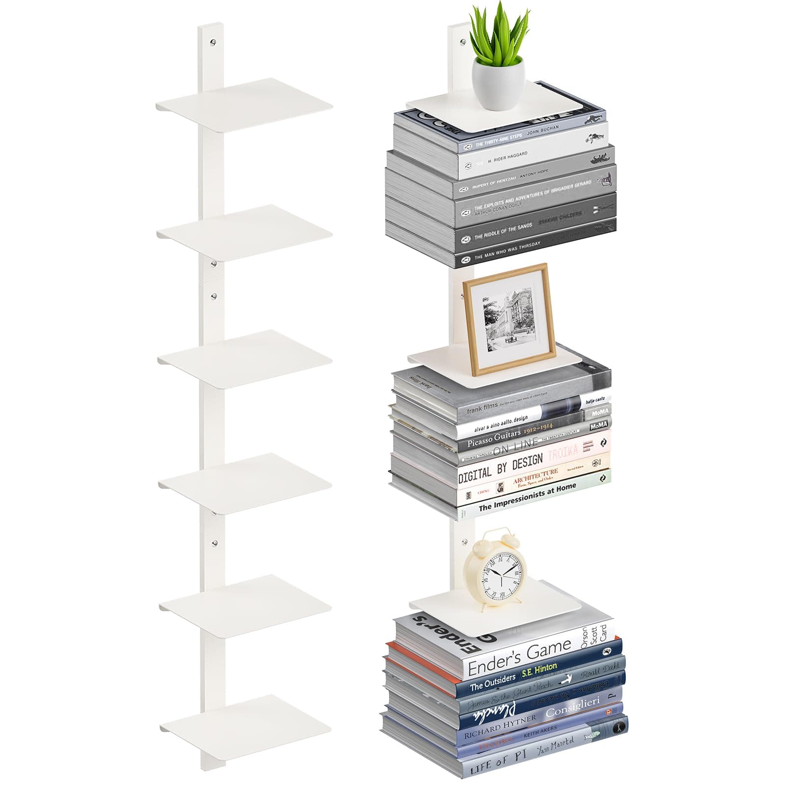 Floating Book Shelves for Wall, 6 Tier Invisible Floating Bookshelf, Vertical Spine Book Tower, Wall Mounted & Space Saving, Heavy Duty Metal Book Organizer for Home Office, 3 Pack White