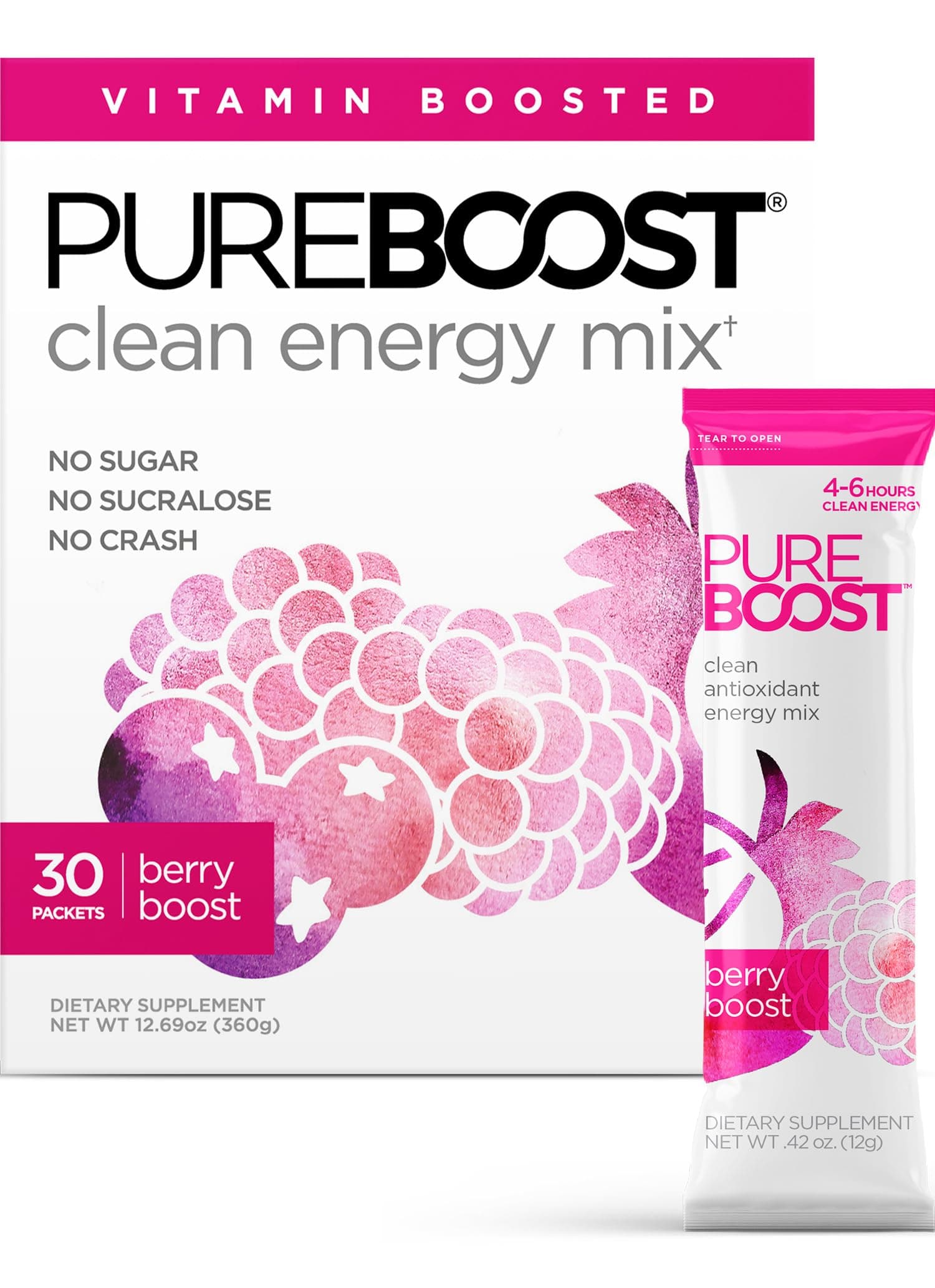 Pureboost Sugar-Free Clean Energy Booster, Berry Boost 30 Count, Refreshing Energy Drink Mix with B12 Vitamins, Electrolytes, Antioxidants, No Sucralose