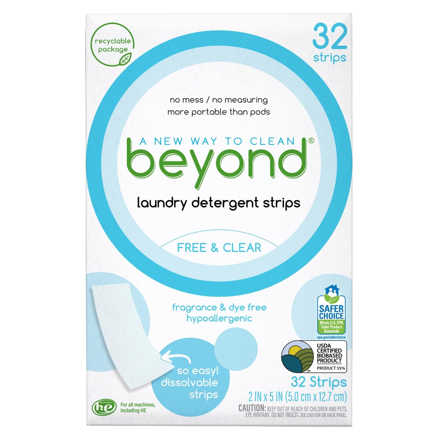 Beyond Laundry Detergent Strips [32 strips] - Free & Clear - Eco-friendly, Hypoallergenic. Travel friendly. Dissolvable Strips.