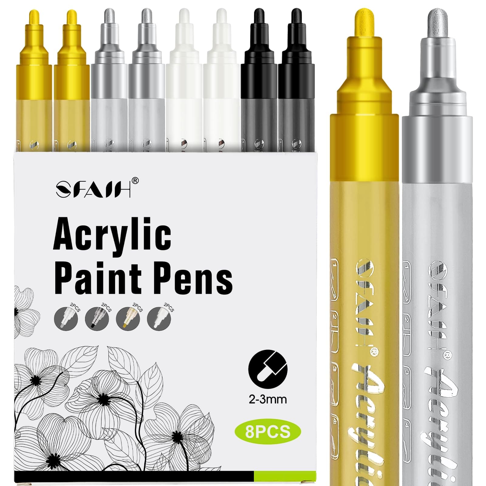 SFAIH Paint Markers - 4 Colors 8 Pack 2-3MM Medium Tip Acrylic Paint Pens for Rock, Paper, Wood, Fabric, Glass, Metal, Ceramic, Painting, DIY Art Projects, Crafts, Large Capacity, Ultra-High Coverage