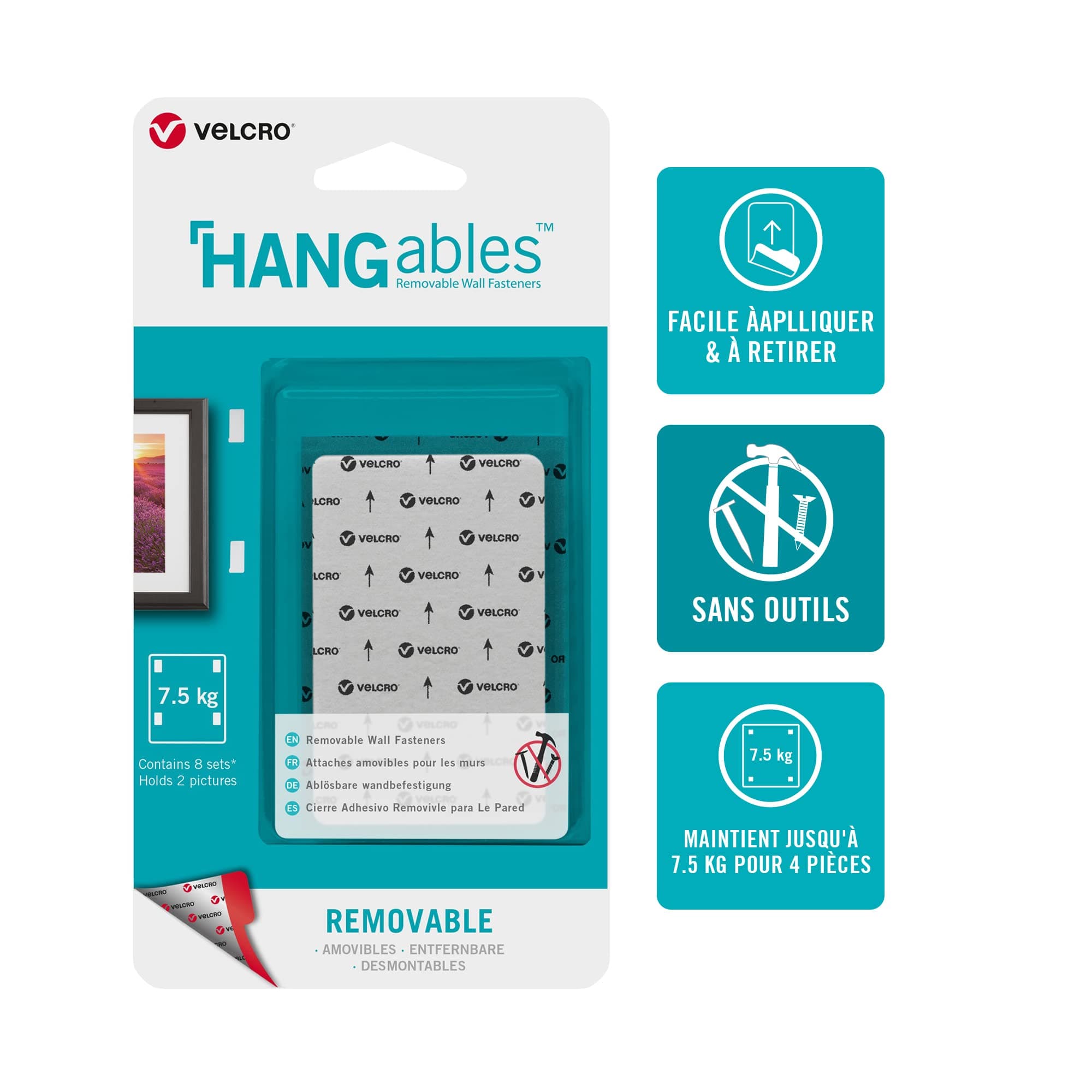 VELCRO Brand HANGables Removable Wall Fasteners | Strong Adhesive Hold, Up to 7.5 kg / 16 ½ lb (per set of 4) | Easy-to-Remove from Wall, Firm Hold to Frame or Mirror | 1 ¾ x 3in strips, 8 sets, White