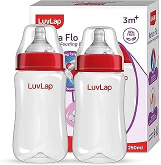 LuvLap Anti-Colic Wide Neck Natura Flo Baby Polypropylene and Silicone Feeding Bottle, 250Ml (Pack of 2), New Born / Infants / Toddler upto 3 years, BPA Free, Pack of 2, White & Red