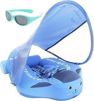 Newest Add Tail Never Flip Over Mambobaby Non Inflatable Baby Swim Float with Canopy UPF 50+ Adjustable Size Vest Air Free Water Smart Swim Trainer Solid Infant Pool Float WaistSwim Ring (Blue Cloth)