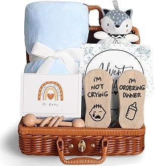 Baby Shower Gifts, New Born Baby Gifts for Boys, Unique Baby Gifts Basket Essential Stuff - Baby Lovey Blanket Newborn Bibs Socks Wooden Rattle & Greeting Card, Newborn Baby Gift Set