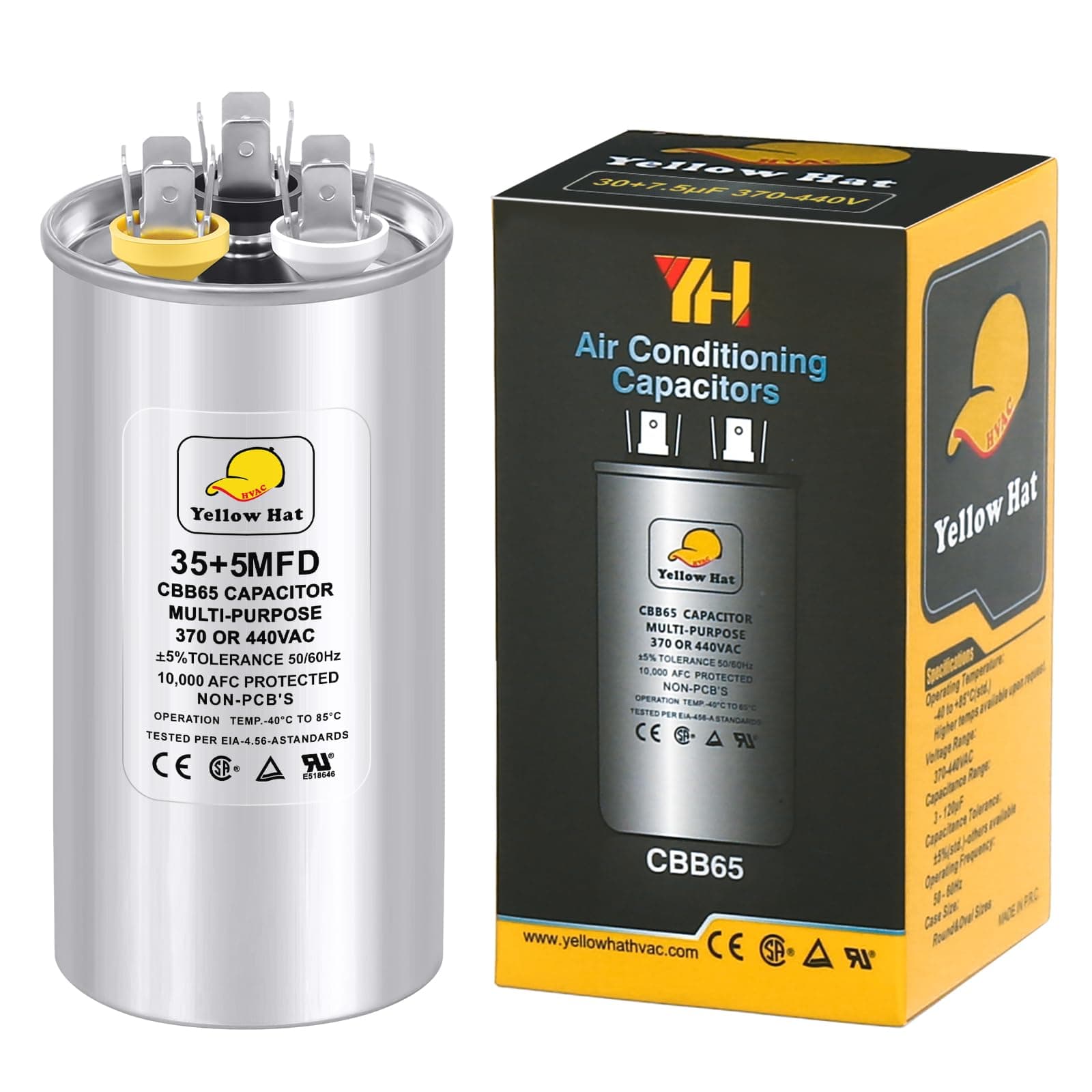 Capacitor for Air Conditioner 35+5 uf MFD 370 or 440 Volt VAC, Multi-Purpose Round Capacitor for AC Motor Run or Fan Motor Start or Condenser Straight