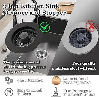 BAOLSLS 3 in 1 Kitchen Sink Stopper, Pop Up Kitchen Sink Drain Strainer, with an Extra Basket Strainer, Kitchen Sink Drain Stopper for US Standard 3-1/2 Inch, Brass Material Electroplate Black