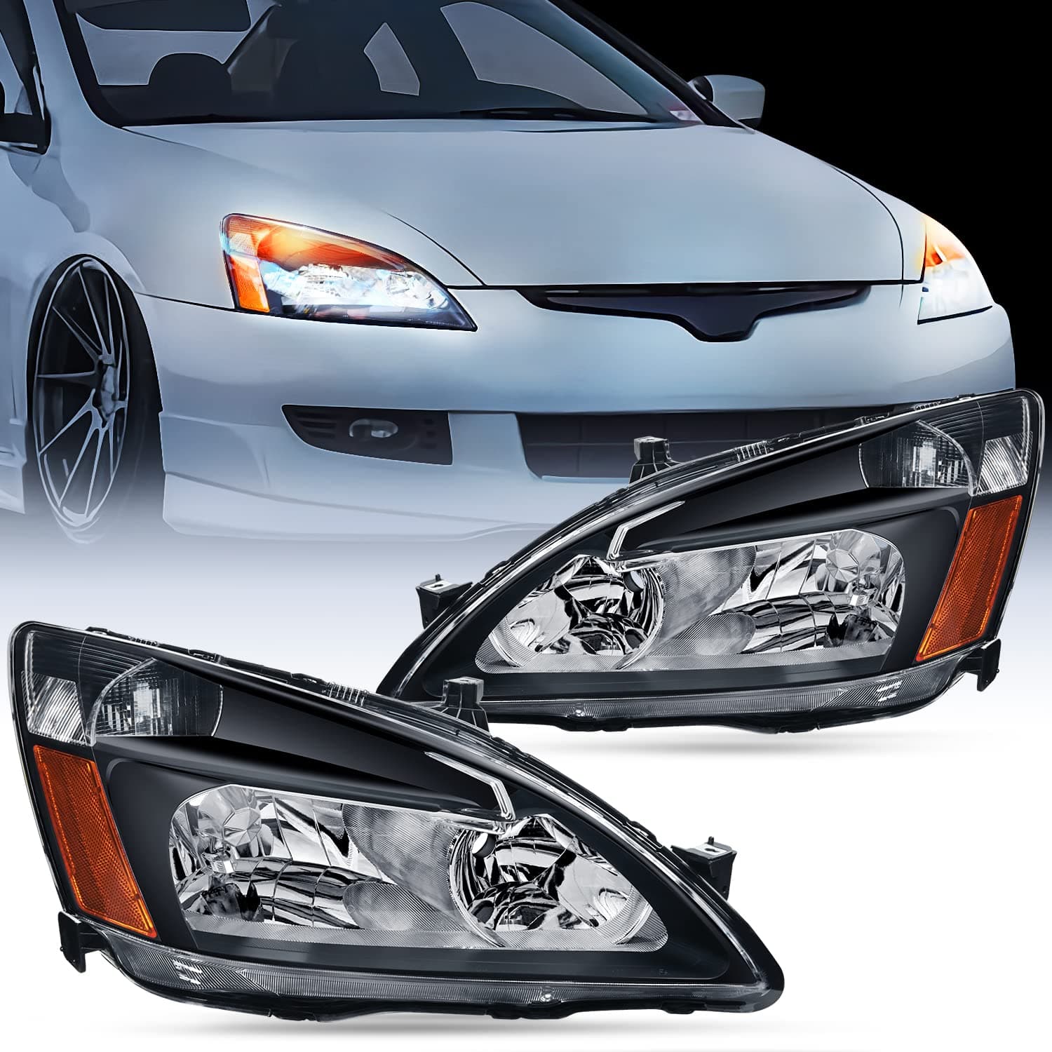 Nilight Headlight Assembly for 2003 2004 2005 2006 2007 Accord Replacement Headlamp Black Housing Amber Reflector, 2 Years Warranty