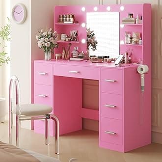 YESHOMY Vanity Desk with Mirror, Power Outlet and 10 Lights, Makeup Table with 7 Drawers, 3 Color Modes Available for Bedroom, Light Pink