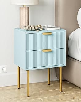 Nightstand,Morden Bedside Table with Gold Frame,Small Night Stand,End Table,Bedside Furniture,Side Table with Drawer and Shelf for Bedroom,Living Room (2Drawers, Blue)