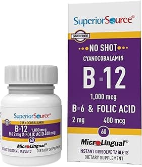 No Shot Vitamin B-12 Cyanocobalamin 1000 mcg, B-6, Folic Acid 400 mcg - Support Brain & Heart Health - Aids Natural Energy Levels - 60 Sublingual Dissolving Tablets