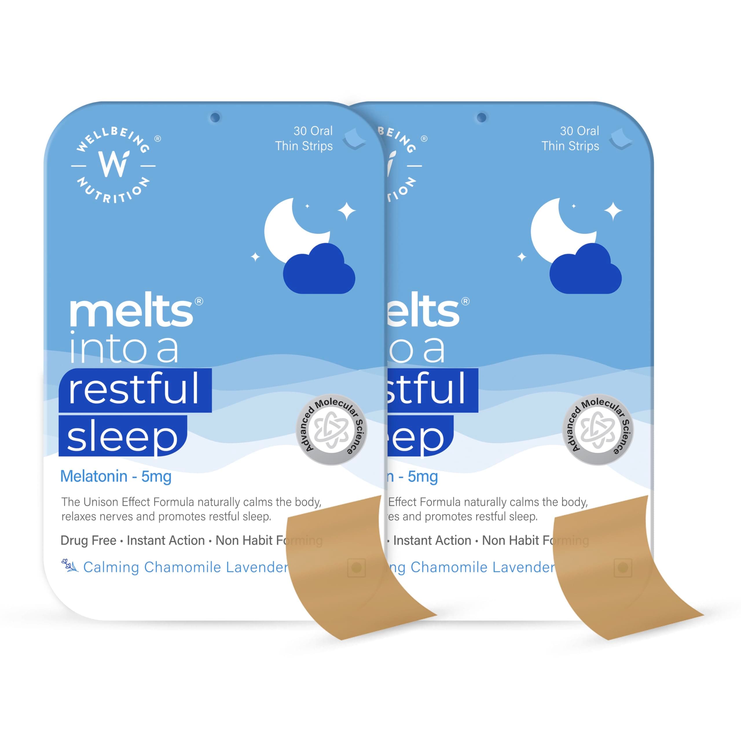 Wellbeing Nutrition melts Restful Sleep | Plant-Based Melatonin 5mg for Deep Sleep, Stress Relief | Clinically Proven, Safe & Non-Addictive with Chamomile, Tagara, L-Theanine | 60 Oral Thin Strips
