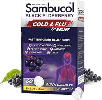 Sambucol Cold and Flu Relief Tablets - Homeopathic Cold Medicine, Nasal & Sinus Congestion Relief, Use for Runny Nose, Sore Throat, Coughing, Fever, Cold Remedy for Adults - Black Elderberry, 60 Count
