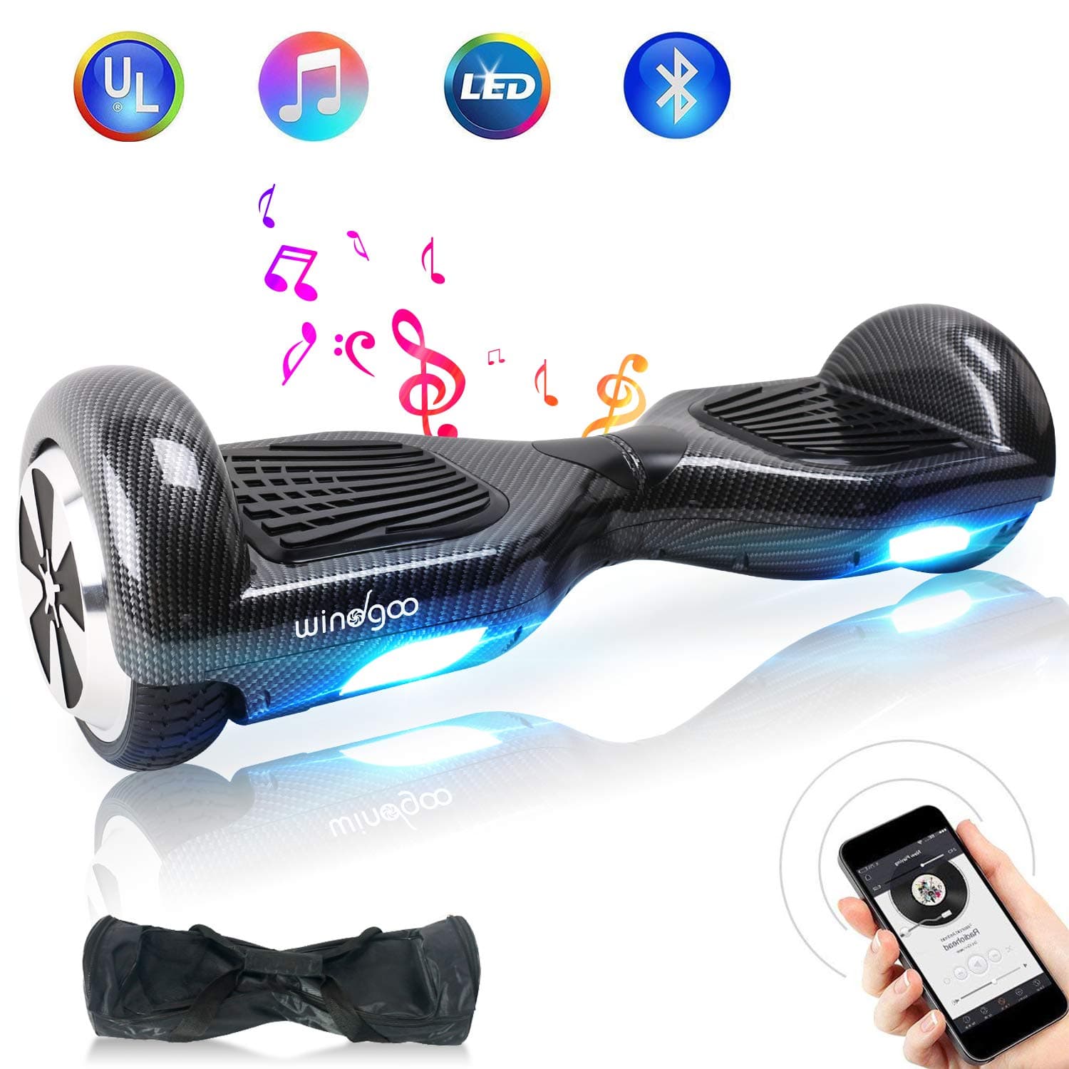 Windgoo 6.5" Two Wheel Self Balancing Scooter with Built-in Bluetooth Speakers and Carry Bag