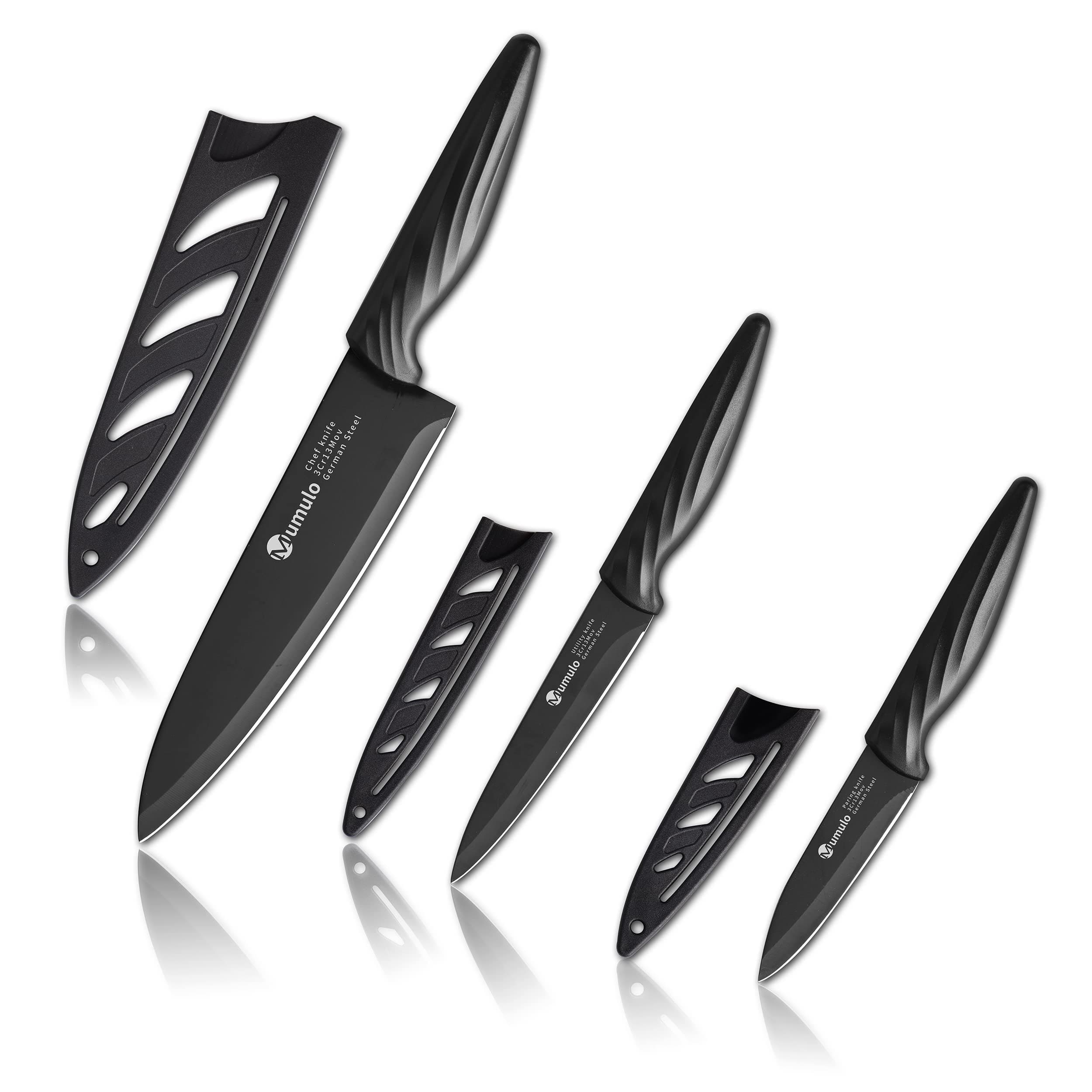 Kitchen knife, Mumulo Chef Knife Set With Sheath, German Stainless Steel Kitchen Knife Set, 6Pcs, 8 Inch Chef’s Knife & 4.5 Inch Utility Knife & 4 Inch Paring Knife & 3 Matching Knife Covers, Black.