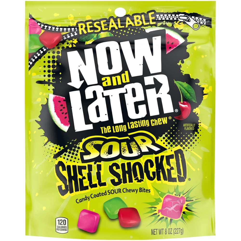 Now & Later Sour Shell Shocked Fruit Chewy Bites Candy, 8 Ounce Bag (Pack of 6)