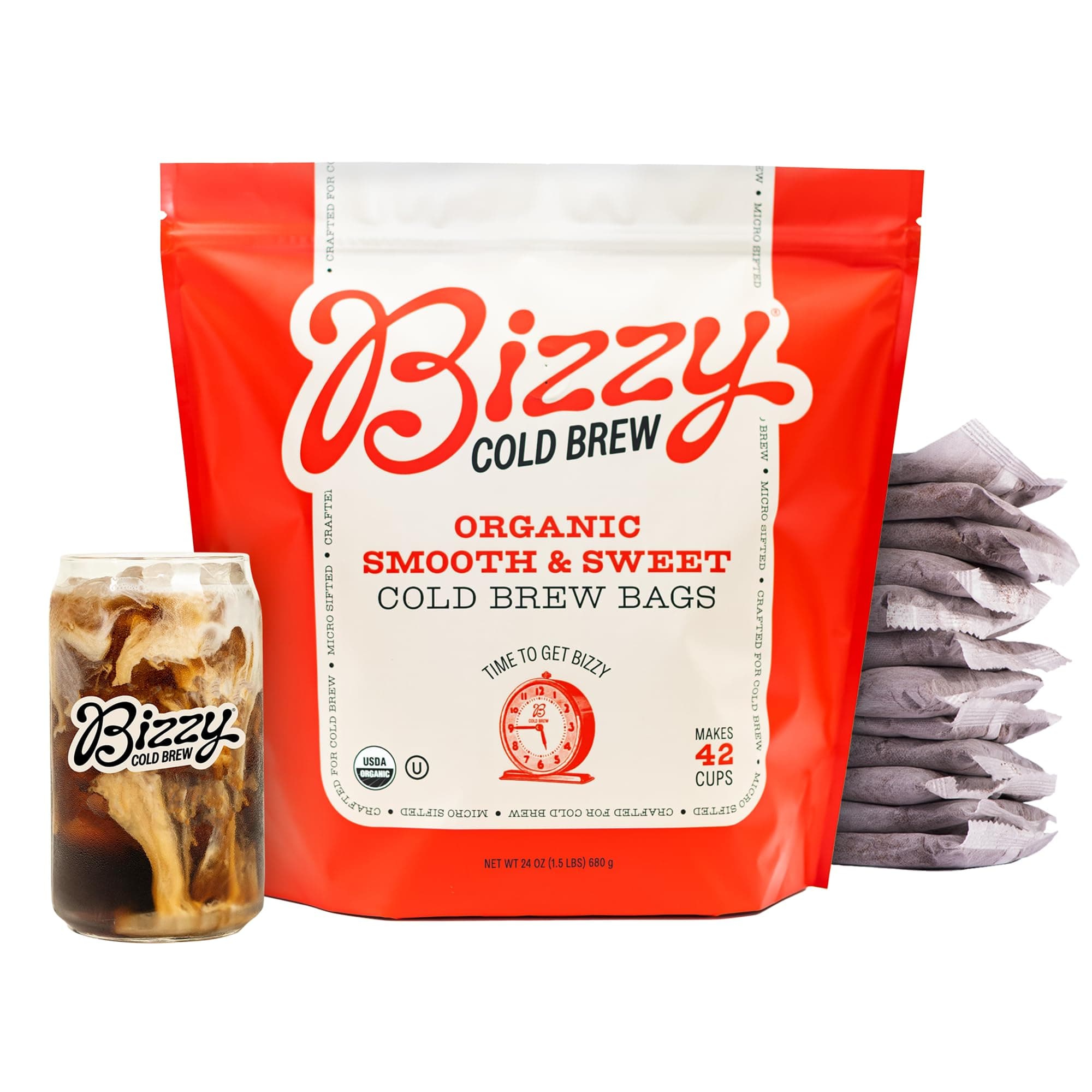 Bizzy Organic Cold Brew Coffee,Smooth & Sweet Blend,Coarse Ground Coffee,Medium Roast,Micro Sifted,Specialty Grade,100% Arabica,Brew Bags,12 Count,Makes 42 Cups
