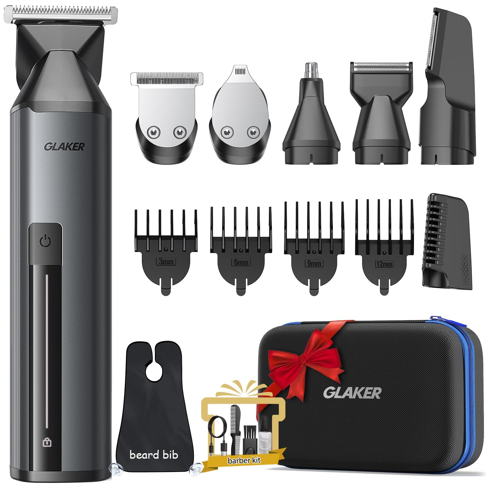 GLAKER Beard Trimmer for Men - Waterproof 6 in 1 Complete Grooming Kits for Mustache Nose Ear Facial Body Hair Trimming, Mens Cordless Hair Clippers and Shavers with Storage Bag and Beard Bib Apron