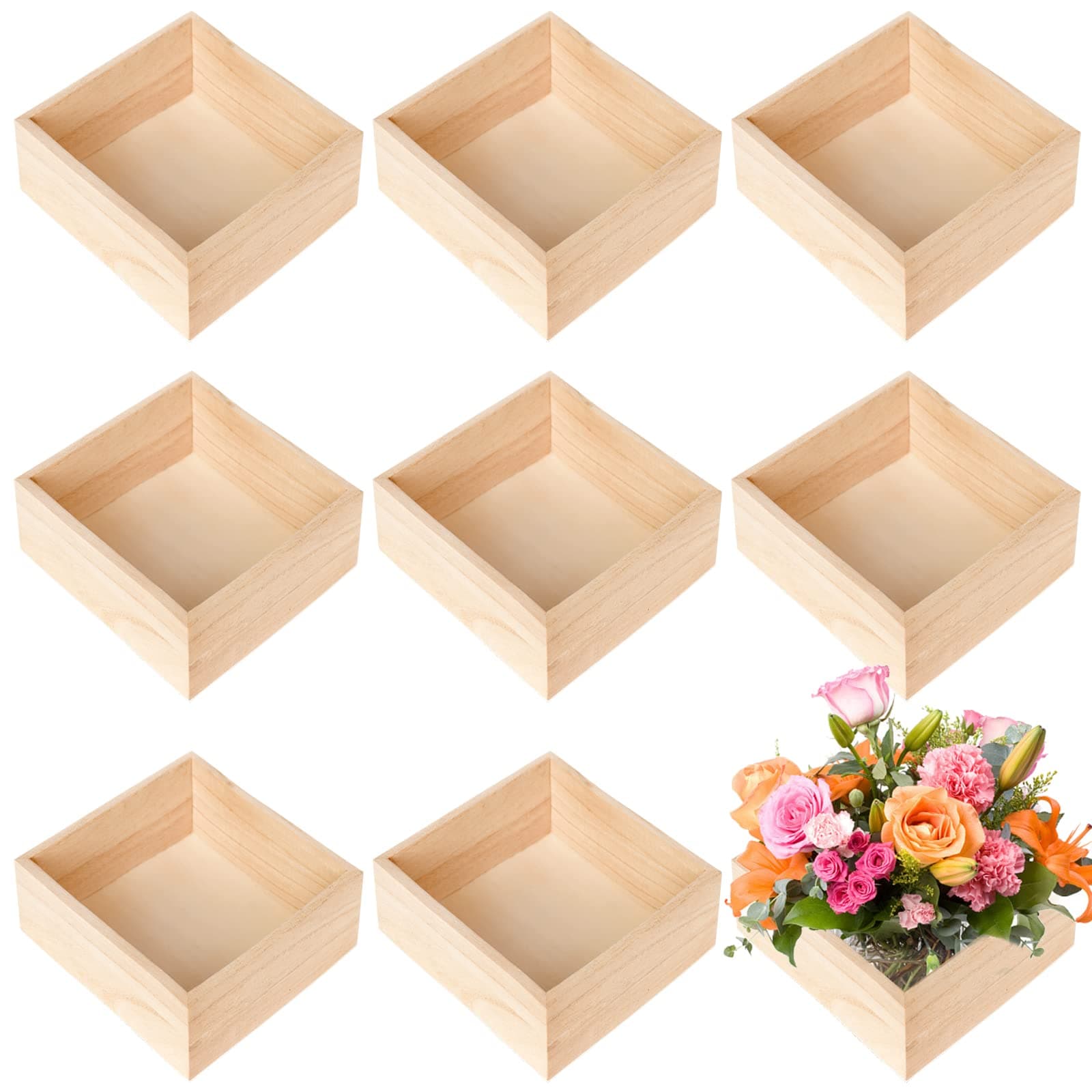 8 Pack Unfinished Wooden Box, 6 x 6 Inch Square Rustic Small Wooden Box Craft Organizer Container for Storage, Home Decor, Art Collectibles, Desktop Decor, Succulent Plant Pot, Drawer, DIY Craft