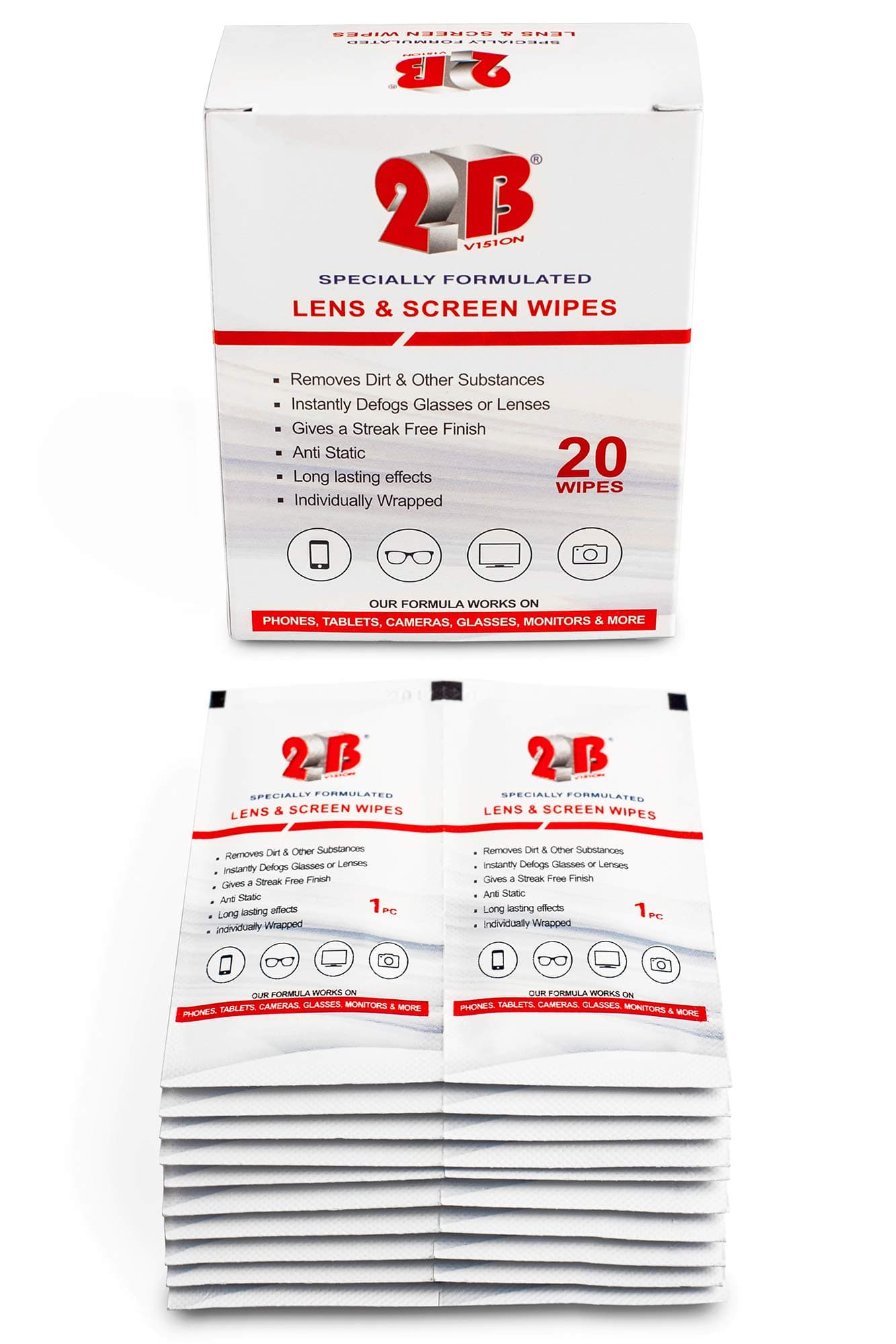 Screen Wipes 20 x Pre Moistened Screen Wipes Individually Wrapped for Eye Glasses Camera Lens Monitor Computer Screen Phone Gadget Tablet Cleaner Wipes to Remove Fingerprints Dust Oil by 2B Vision