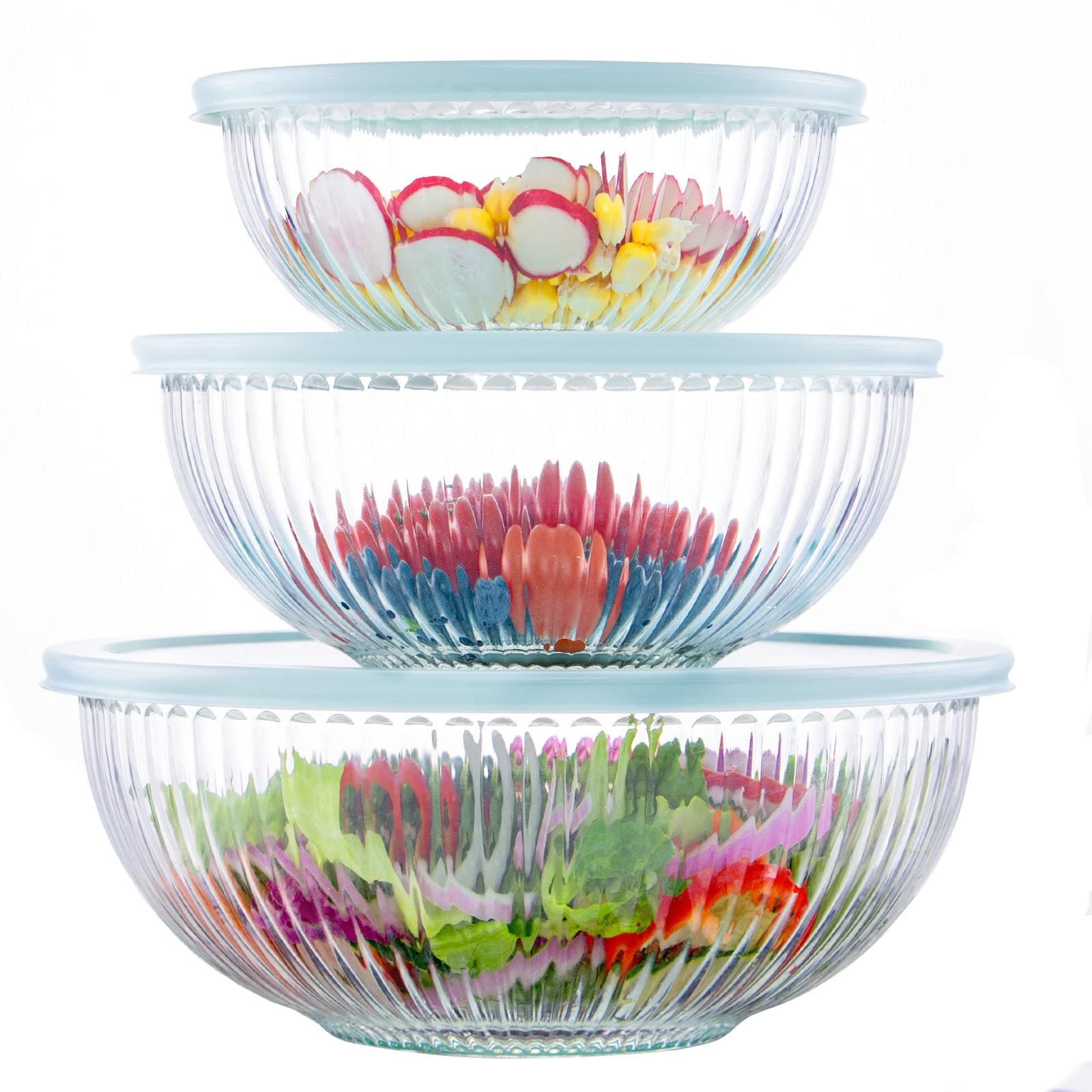 Luvan Glass Mixing Bowls with Lids Set(3.7QT, 2.1QT, 1.1QT),3PC Glass Nesting Bowl, Large Salad Bowls Sets with lids,Clear Cooking Bowl for Kitchen Prep,Food Storage,Baking,Microwave and Oven Safe