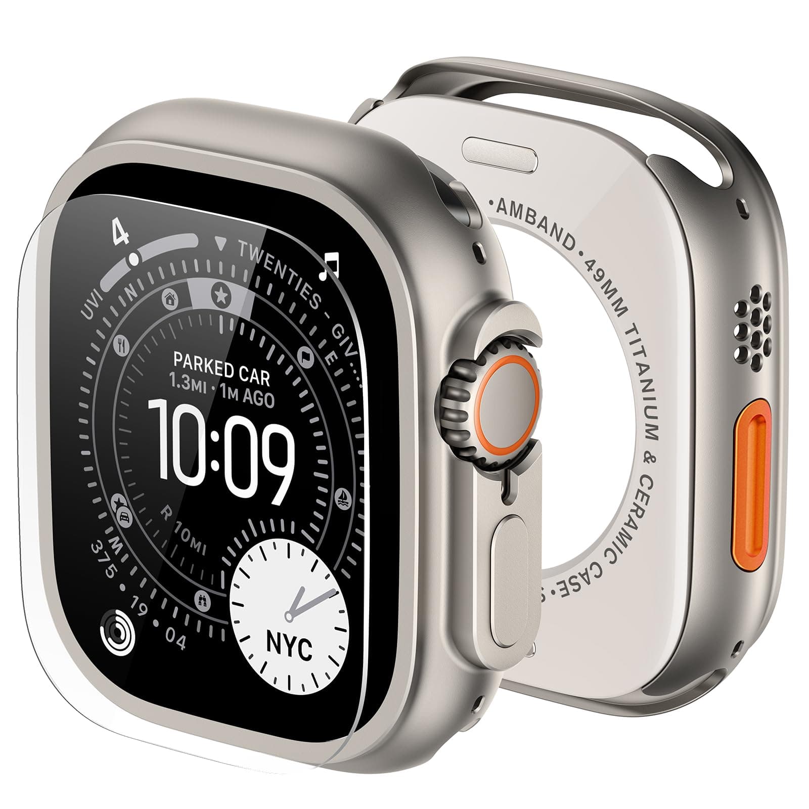 amBand Metal Case & Screen Protector for Apple Watch Ultra 2/Ultra 49mm, W3 Rugged Bumper with Tempered Glass & Back Cover, Waterproof, Change Color to Titanium Look for Black Watch, Match More Bands