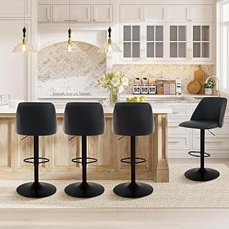 COLAMY Bar Stools Set of 4, Modern Swivel Bar Chairs, Adjustable PU Leather Upholstered Barstools Counter Height with Full Backrest for Bar, Dining Room, Kitchen Island, Black