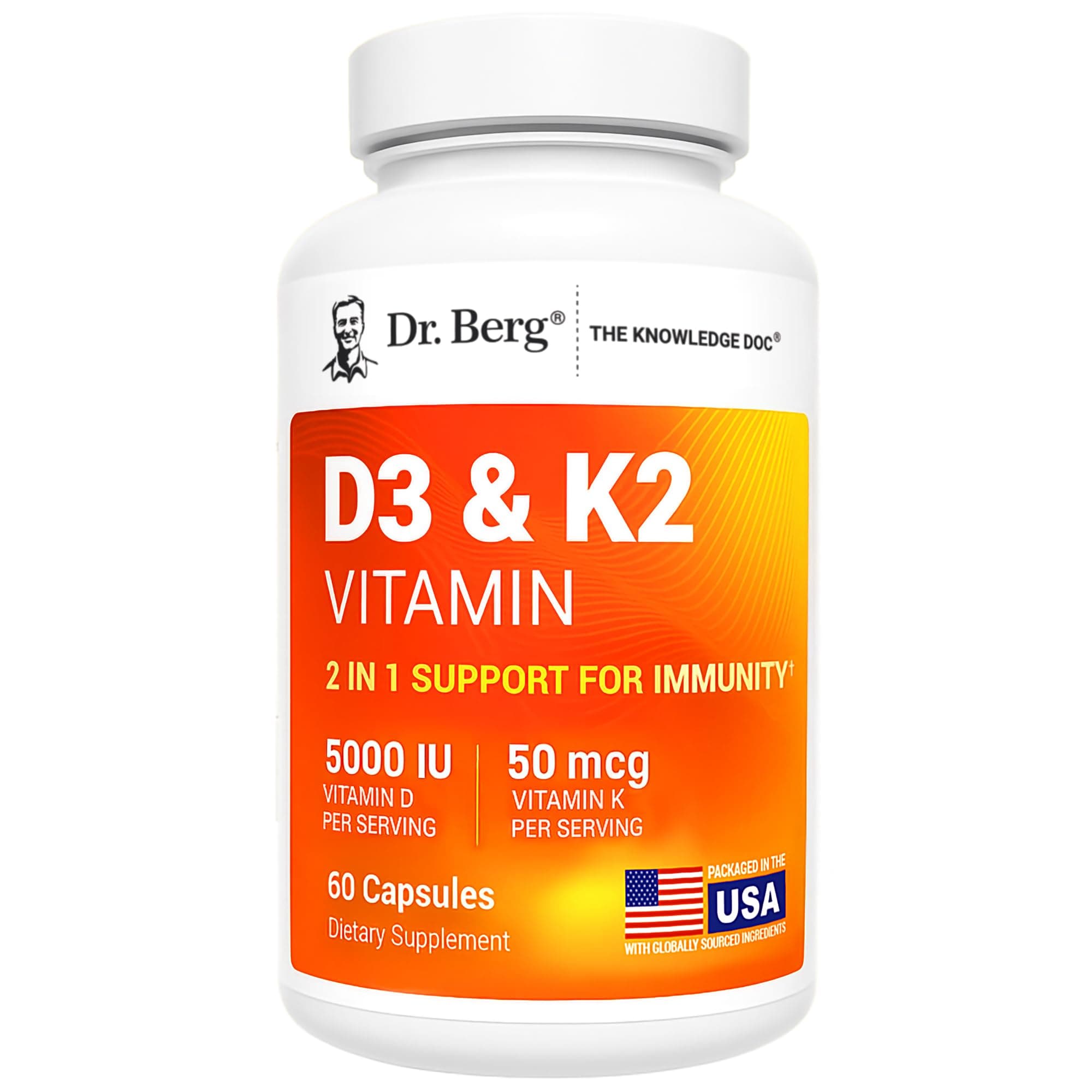 Dr. Berg Maximum Strength 2-in-1 Vitamin D3 K2 5,000 IU | Naturally Derived D3 | 4X Lab-Tested & Verified | High Absorption Formula | K2 D3 Vitamin Supplement - 60 Capsules