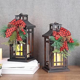 NEEDOMO 2 Pcs Christmas Decorations Indoor, Outdoor Christmas Led Lanterns Decorative for Table Centerpieces, Vintage Metal Hanging Candle Holder, Home Decor for Party, Living Room, Patio, Porch