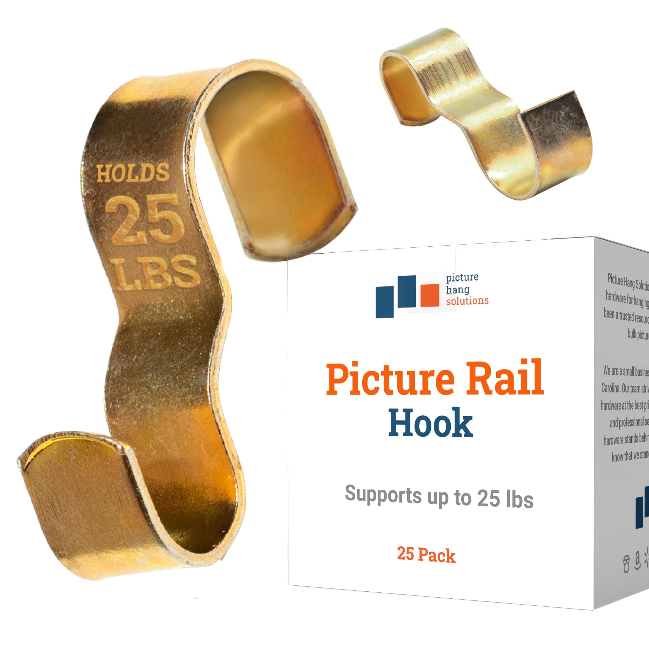 PHS Picture Rail Hooks 25 Pack - Supports up to 25 lbs - Durable Molding Hooks - Easy to Install Picture Rail Hangers for Art Hanging System, Gallery Hanging System, and Kids Artwork Display Art