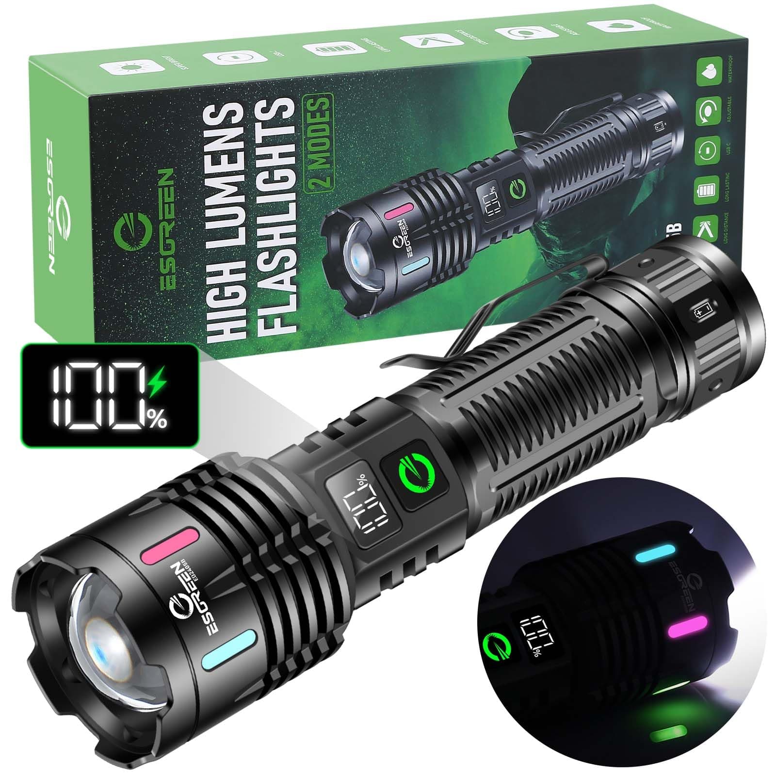 Esgreen Rechargeable Flashlights High Lumens 10000 Single 2 Modes, Super Bright LED Flashlight USB C Long Distance 3280ft, Powerful Long Lasting 10H Heavy Duty Strong Flash Light for Camping Hiking