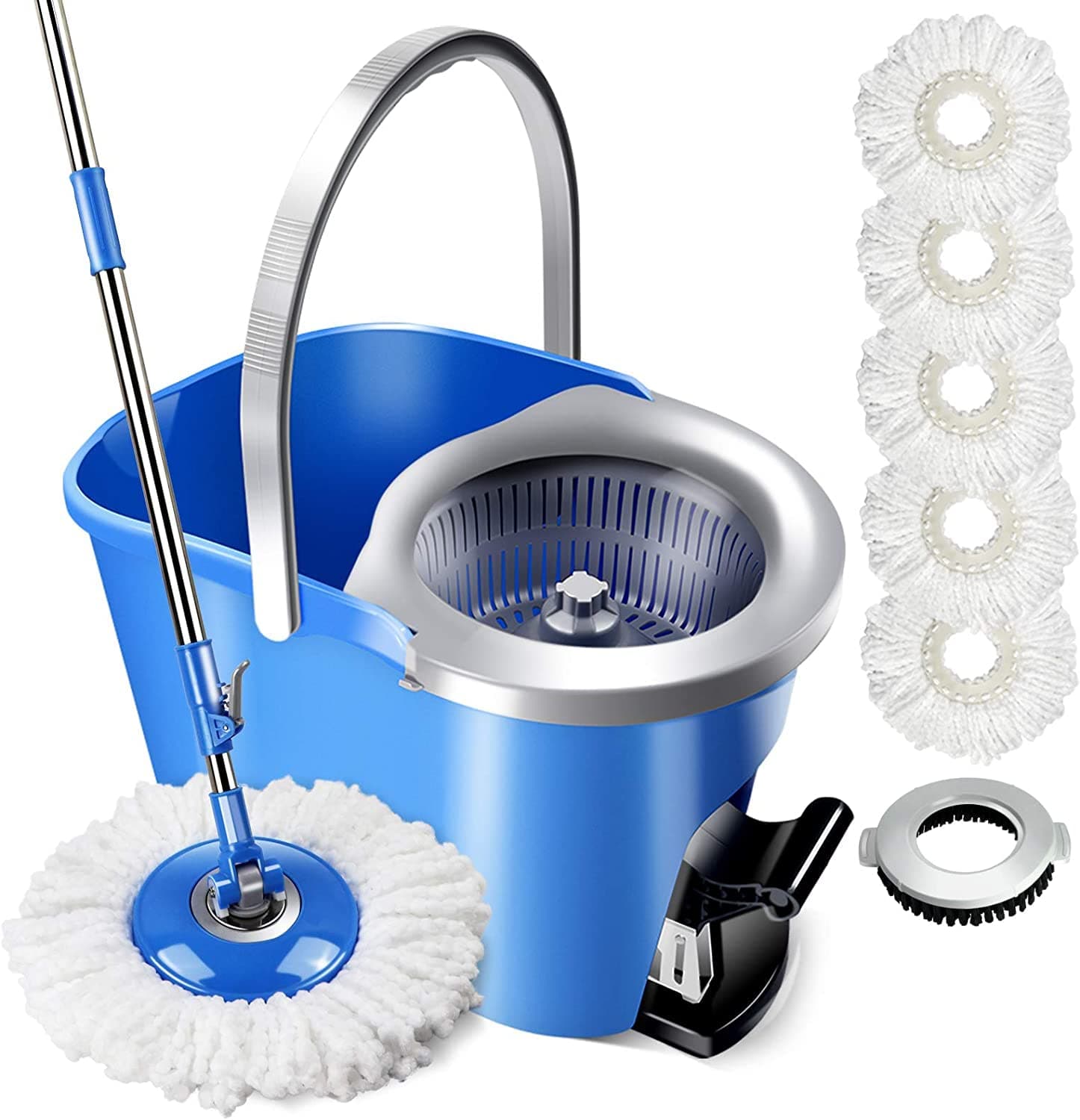 MASTERTOP Magic Spin Mop and Bucket Set with 5 Pcs Refill Mop Pads 1Pcs Brush Head Foot Pedal Microfiber Mop