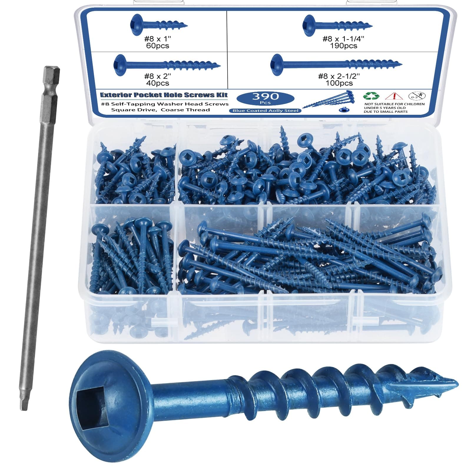 Pocket Hole Screws Assortment Kit, 390Pcs in 4 Sizes #8 x 1, 1-1/4", 2", 2-1/2", Coarse Thread Wood Screws with Square Drive, Blue Coated, Self Tapping, Drive Bit Included