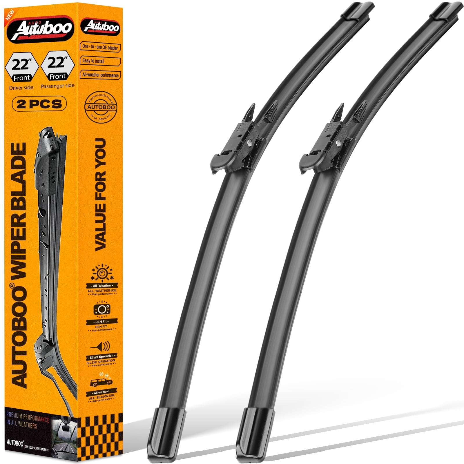 AUTOBOO OEM 22"+22" Wiper Blade Replacement for 08-13 Chevy Avalanche Silverado Tahoe Suburban 05-18 GMC Sierra Yukon Cadillac Escalade EXT ESV SLK SLC-Original Equipment Wipers (Set of 2)