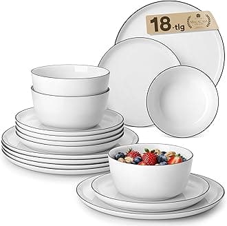 MALACASA 18 Piece Dinner Sets for 6 People, White and Black Rim Porcelain Crockery Set with Plates and Bowls, Premium Ceramic Dinnerware Sets, Microwave and Dishwasher Safe, Lexi Series