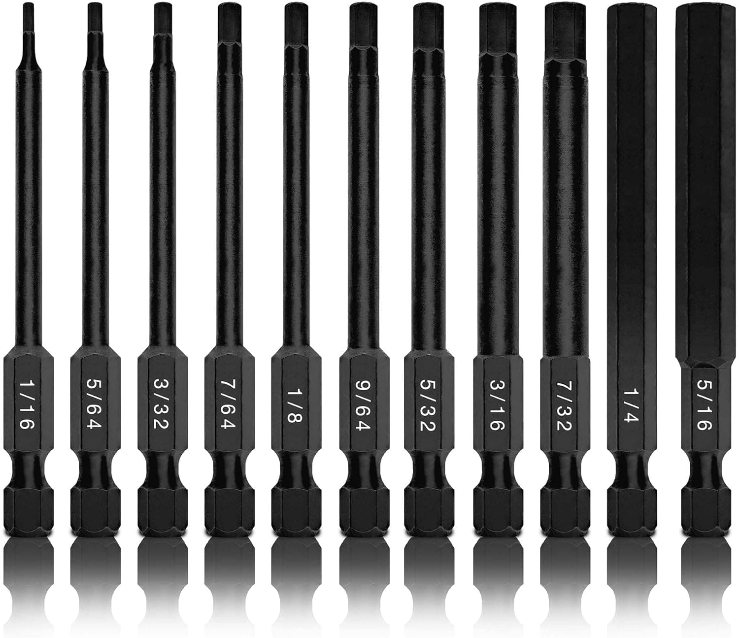 01147A Hex Allen Power Bit Set, 11-Piece SAE Sizes 1/16" to 5/16" | Magnetic Hex Head Bits | 3" Quick Release Shanks | Premium S2 Steel | Compatible with Power Drills and Impact Drivers