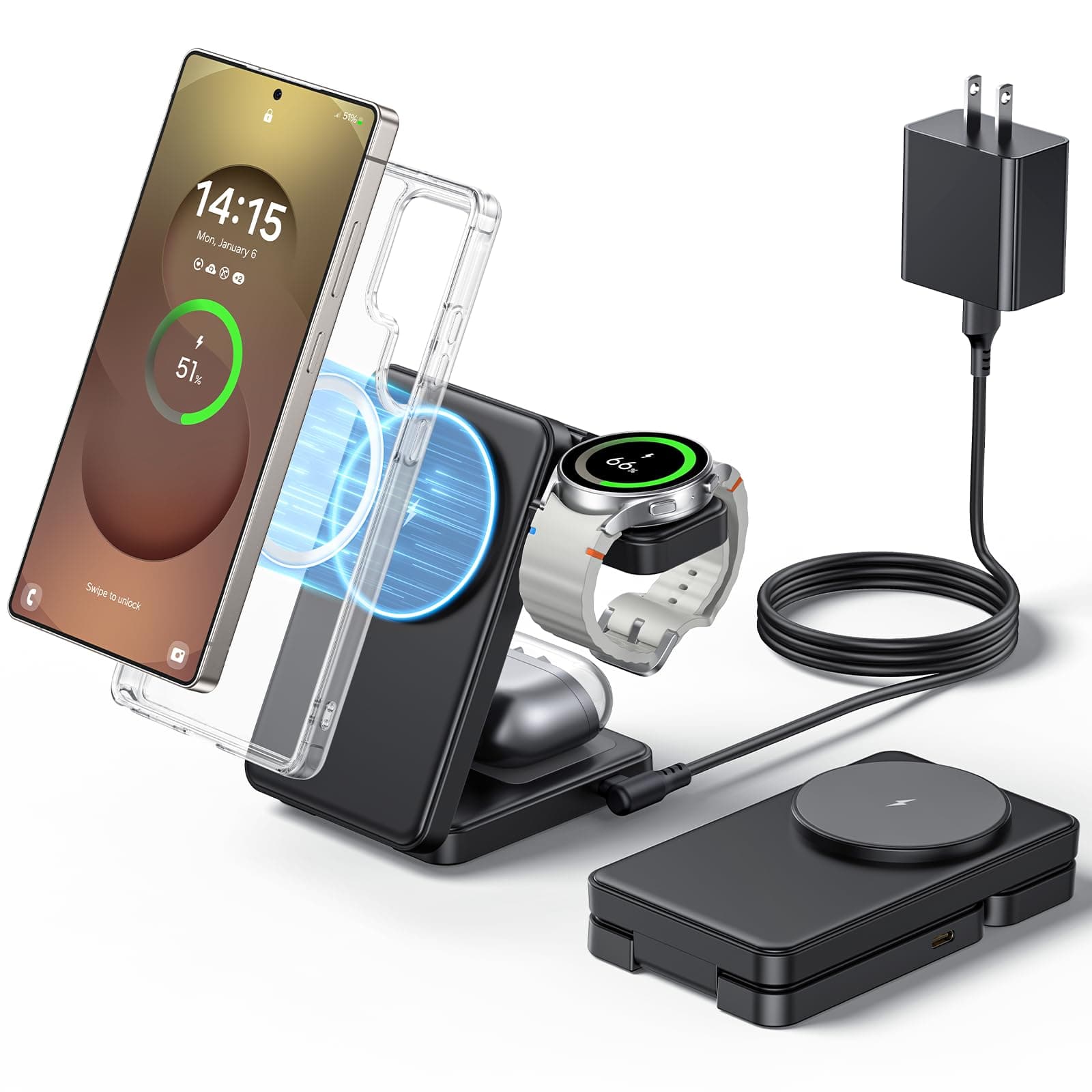 3 in 1 Foldable Magnetic Wireless Charger for Samsung, Mag-Safe Fast Charging Dock for Galaxy S26 S25 S24 Ultra Plus/Z Fold/Z Flip 7/6/5, Charger Stand for Galaxy Watch Ultra/8/7/6/5