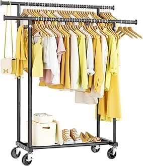Double Rods Clothes Rack, Rolling Clothing Rack for Hanging Clothes Portable Wardrobe Rack, Metal Garment Rack Sturdy Coat Rack for Bedroom Laundry Living Room, Black