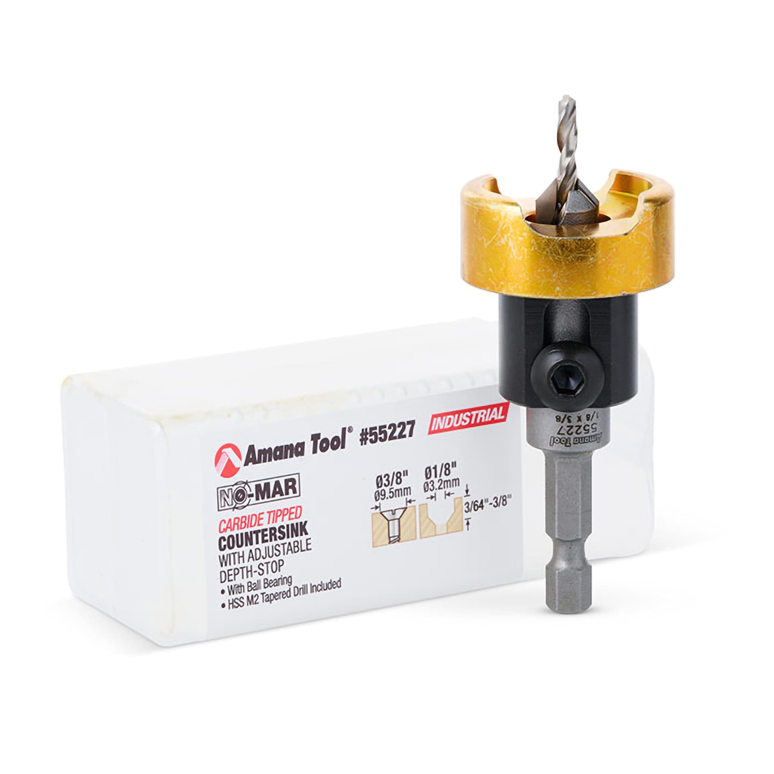 Amana Tool 55227 Carbide Tipped Countersink with No Burning and No Marring Adjustable Depth Stop with No-Thrust BB, 3/8 D x 1/8 Drill D x 1/4 Inch Quick Release Hex SHK