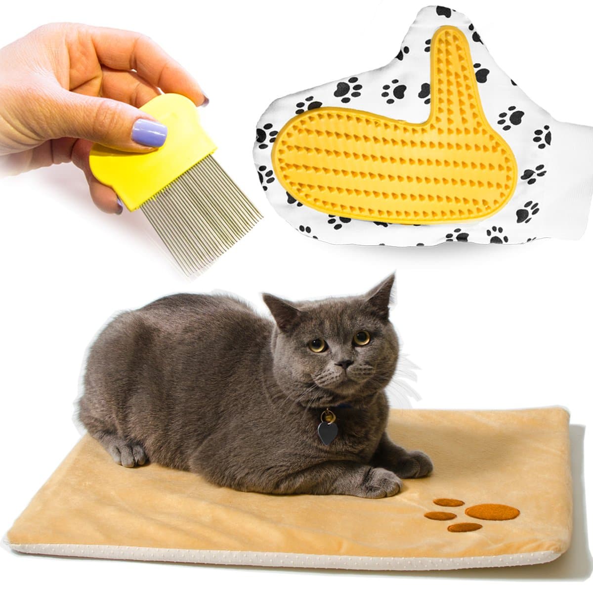 vangardio Thermal Mat - Self Warming Heating Pad for Pets Cat and Dog Bed - Grooming Glove and Hair Comb Included - Perfect 3 in 1 Bundle Gift Set (20.8x15.1inch)