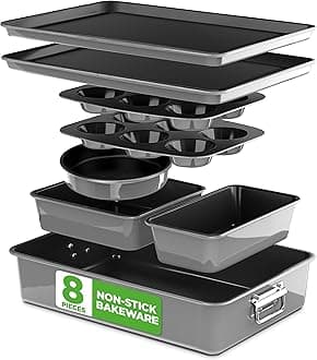 NutriChef 8-Piece Nonstick Stackable Bakeware Set - PFOA, PFOS, PTFE Free Baking Pans Set w/Non-Stick Coating, 450°F Oven Safe, Round Cake, Loaf, Muffin, Wide/Square Pans, Cookie Sheet (Gray)