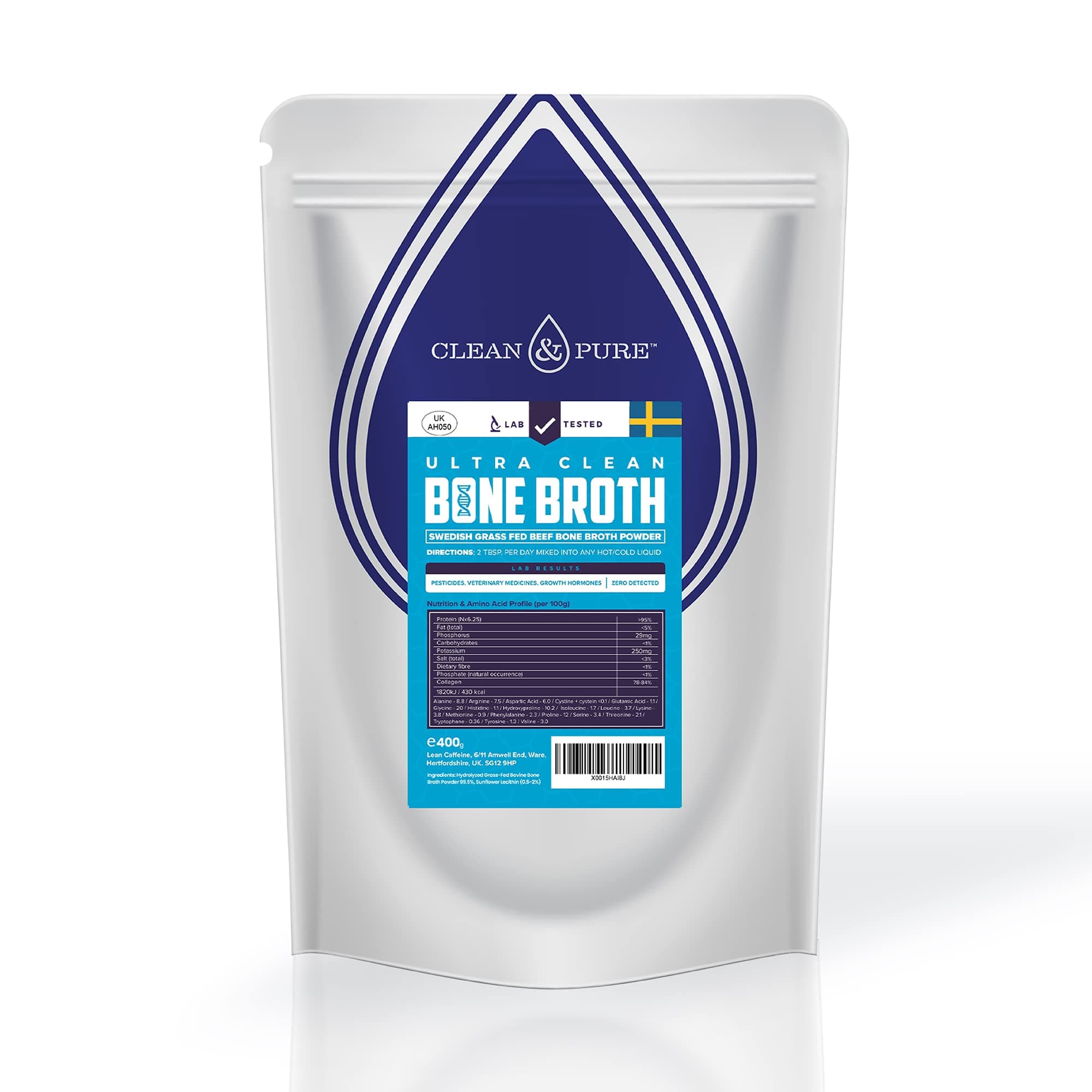 UK's Cleanest Bone Broth Powder for Humans 400g (40+ Servings) | Lab Tested Bone Broth Protein Powder | Grass Fed Beef from Sweden - By Super Cal