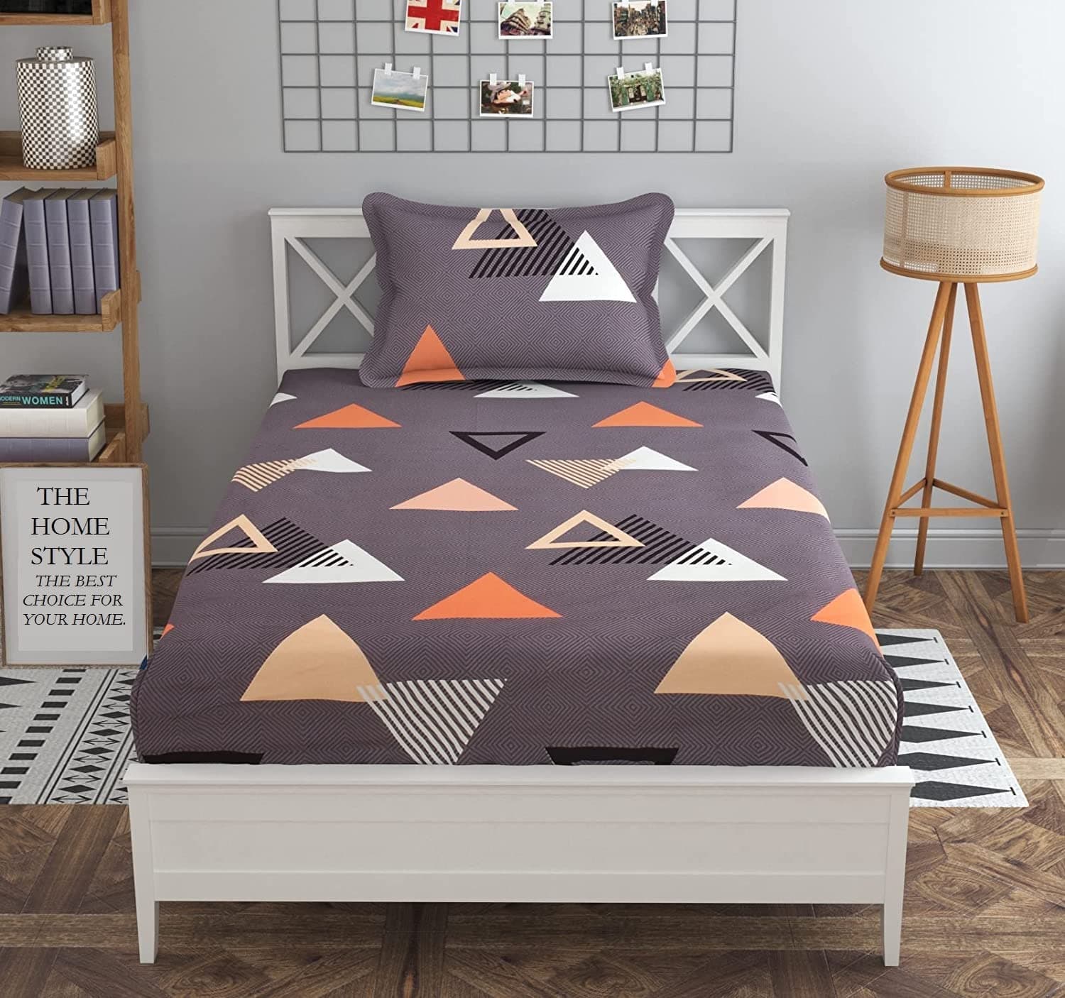 Cotton Feel Glace Cotton Elastic Fitted All Around Printed Full Length Single Bed Bedsheet With 1 Pillow Cover 300 TC (36"X78", Graphite Triangle)