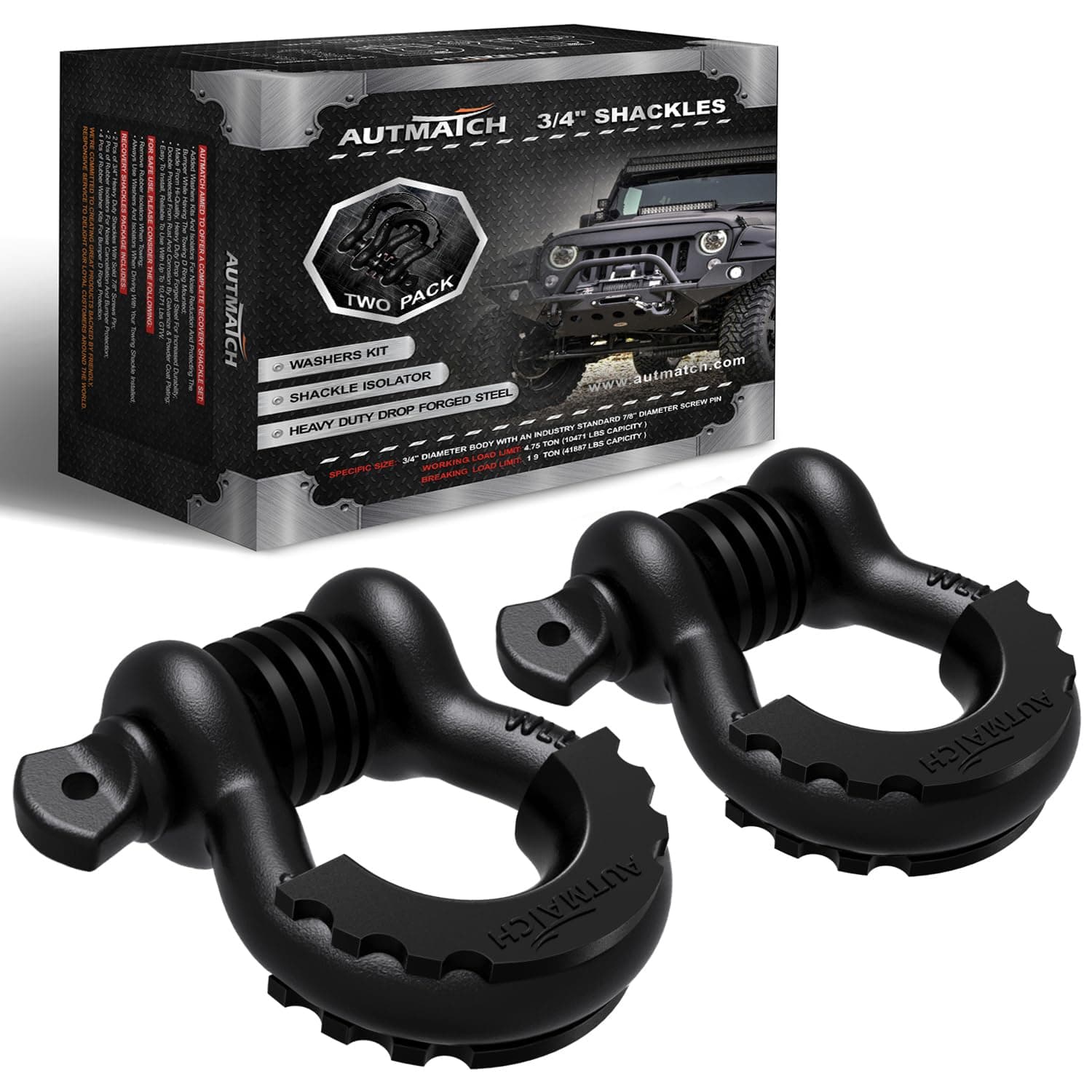 AUTMATCH D Ring Shackle 3/4" Shackles (2 Pack) 41,887Ibs Break Strength with 7/8" Screw Pin and Shackle Isolator Washers